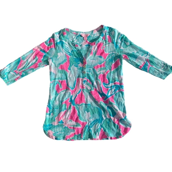 Lilly Pulitzer Elsa Linen Blouse Women's Long Sleeve Henley Tropical Pin Small - Picture 1 of 7